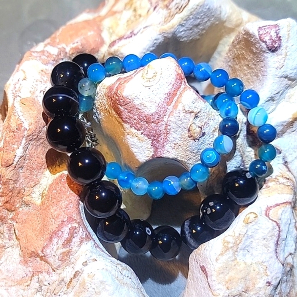 Round 993 Cts Natural Blue Onyx Black Agate Beaded Natural Gemstone Necklace - Picture 10 of 11